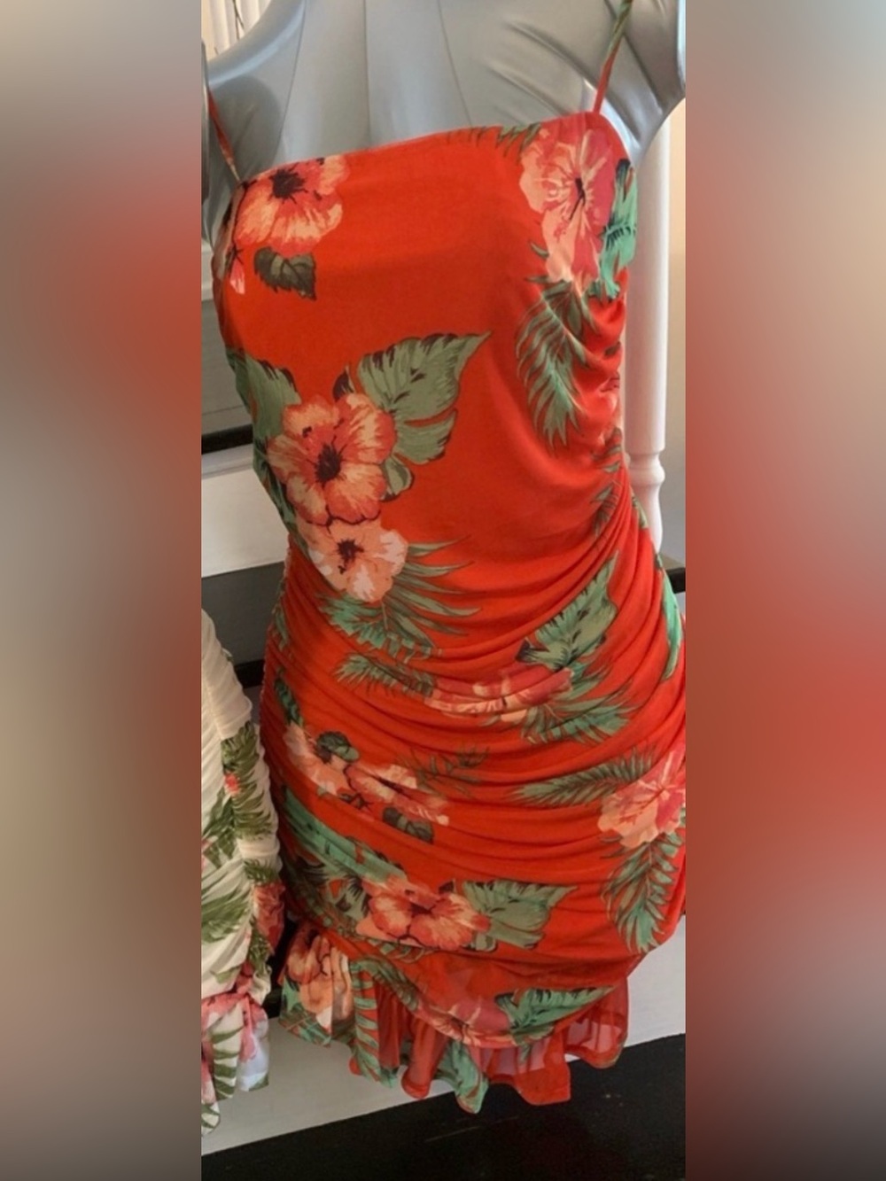 Floral Ruched Red Mini Dress with Spaghetti Straps